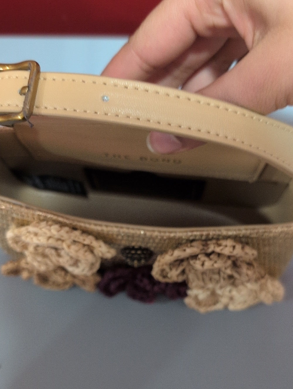 Kurt Geiger Beige Woven Mini Bag with Plum & Tan Floral Appliqués - Picture 4 of 4